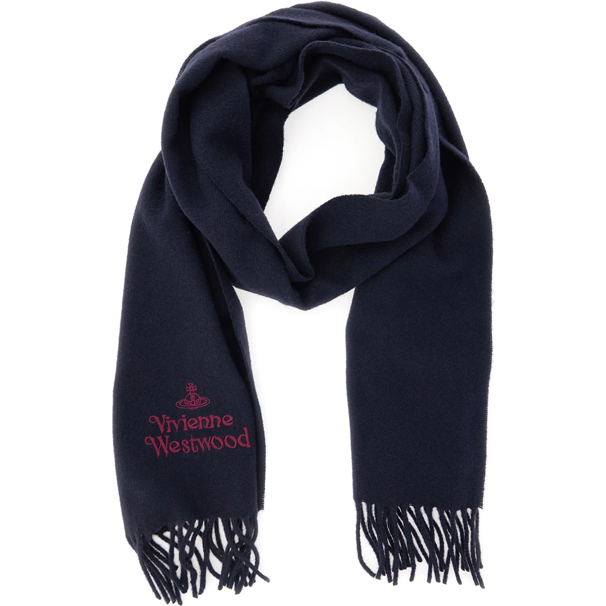 Blue Scarf with Fringed Hem and Orb Embroidery on the Front in Wool Unisex