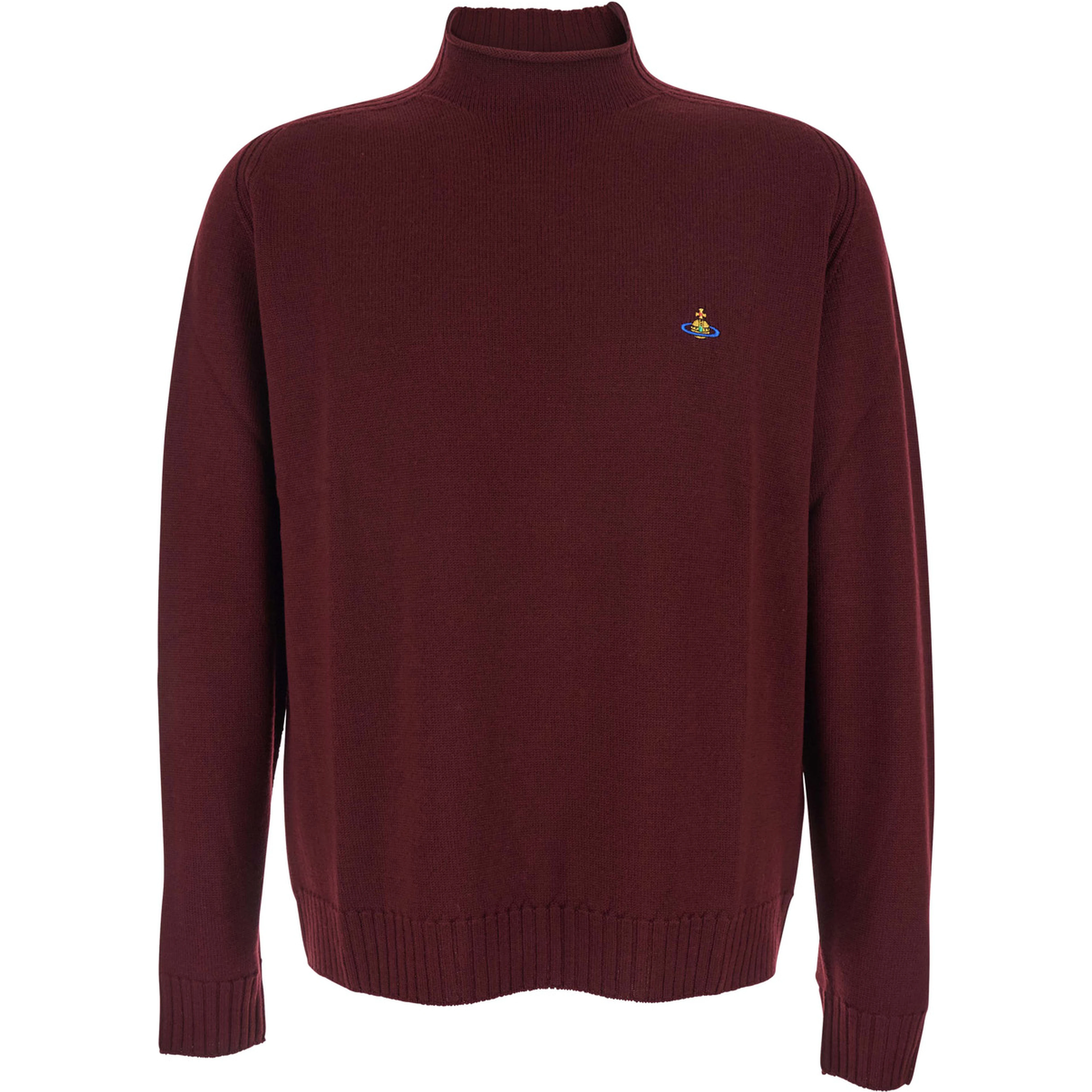 Bordeaux Turtleneck Sweater with Orb Logo Embroidered on the Front in Wool Blend Man