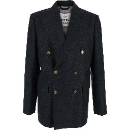 Grey Double-Breasted Jacket with Wide Peak Lapels in Wool Man