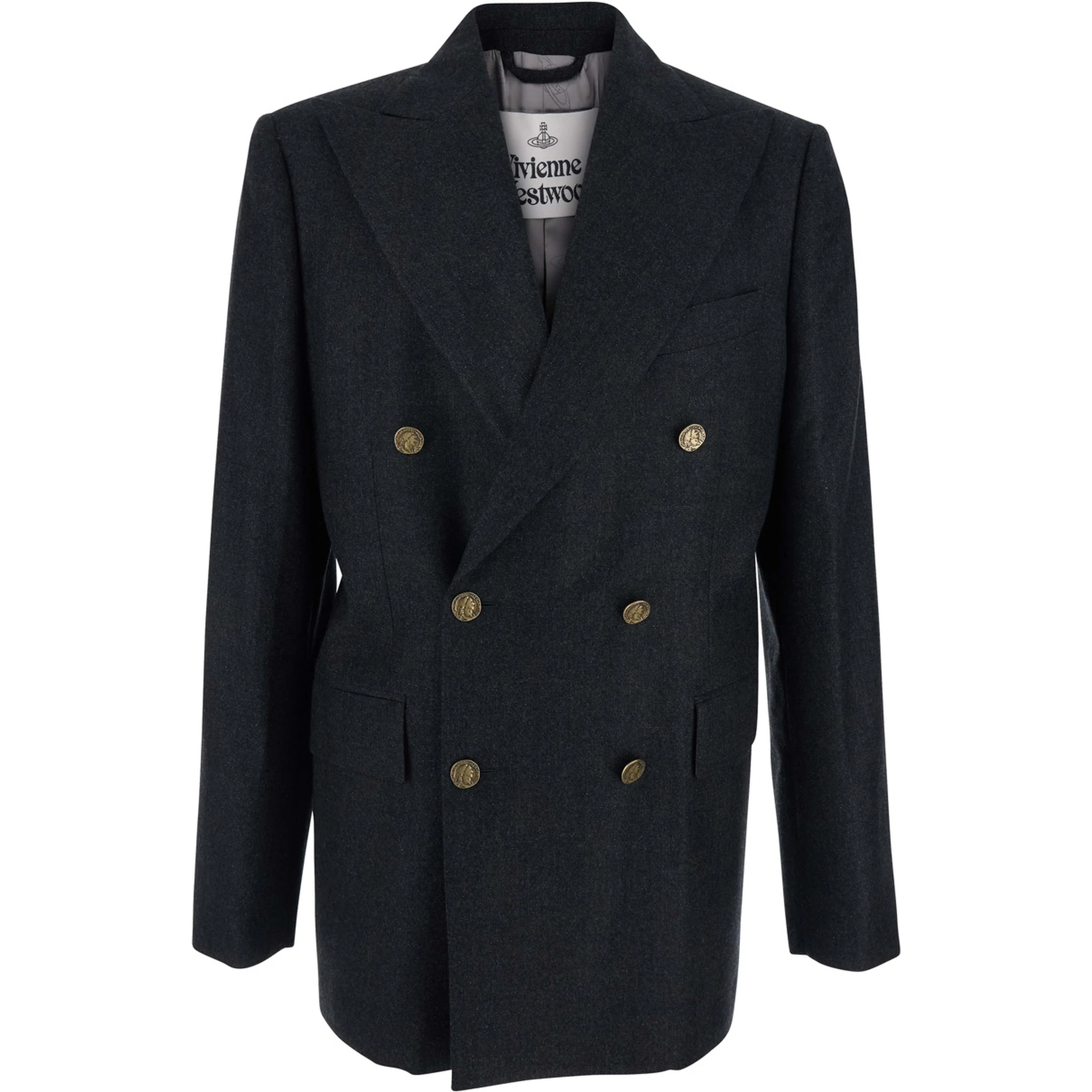 Grey Double-Breasted Jacket with Wide Peak Lapels in Wool Man