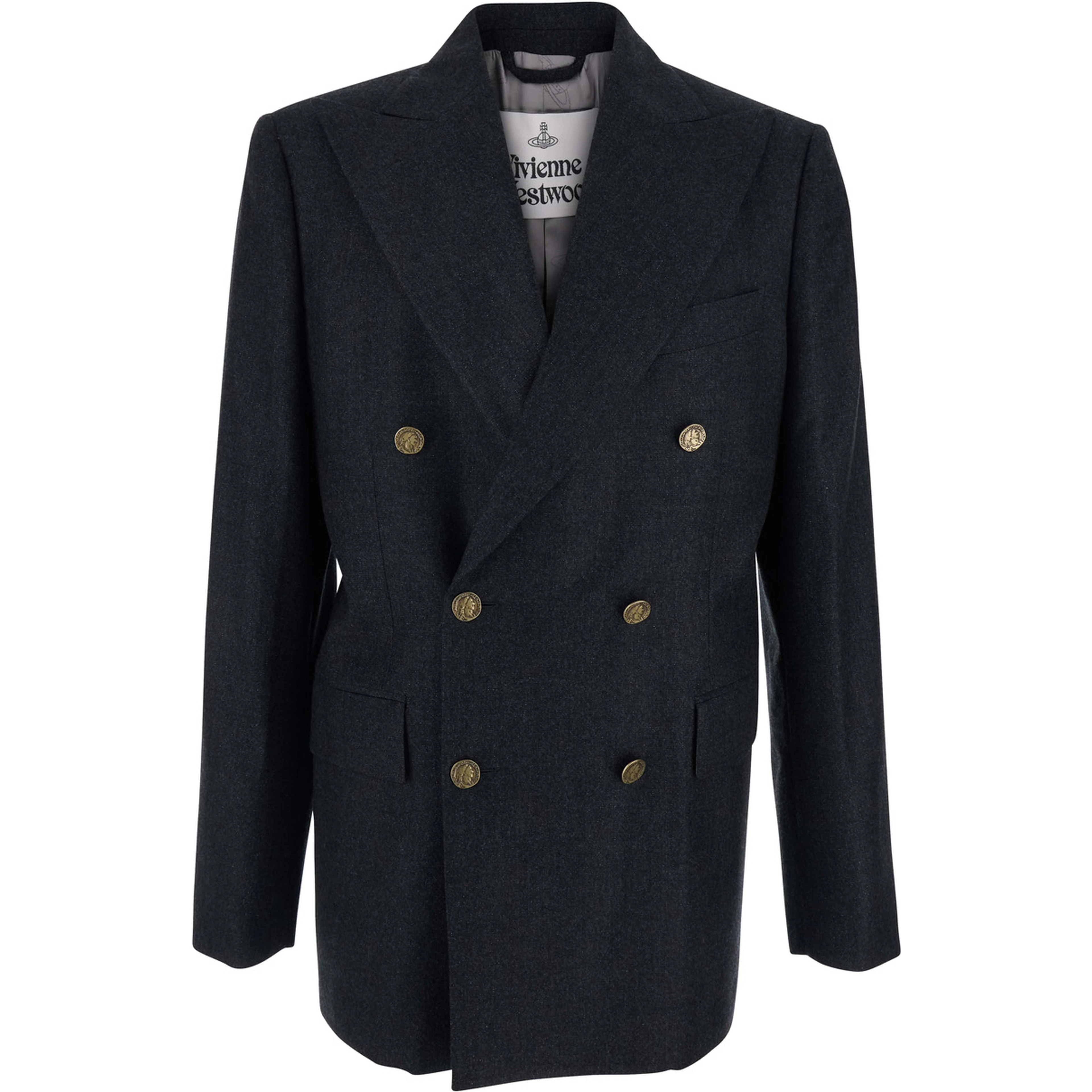 Grey Double-Breasted Jacket with Wide Peak Lapels in Wool Man