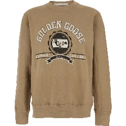 Beige Crewneck Sweatshirt with Maxi Print on the Front in Cotton Man