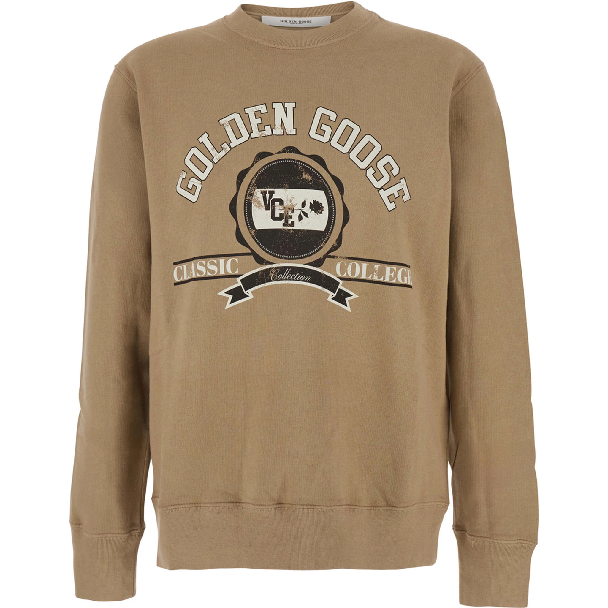 Beige Crewneck Sweatshirt with Maxi Print on the Front in Cotton Man