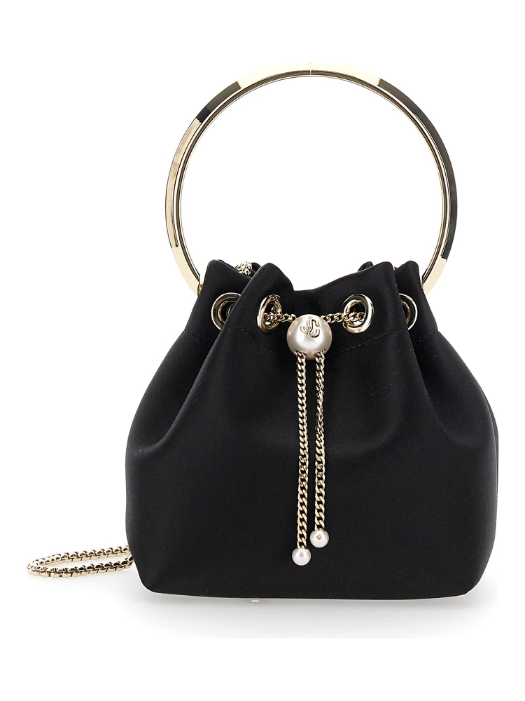 Bon Bon Black Handbag with Metal Bracelet Handle and Chain-Link Shoulder Strap in Leather Woman