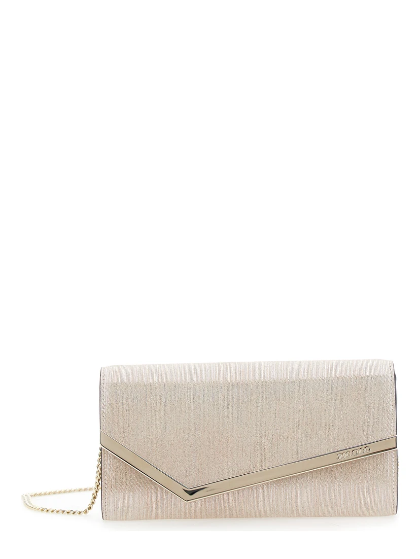 Emmie Metallic Clutch with Chain-Link Shoulder Strap and Embossed Logo Lettering on the Front in Leather Woman