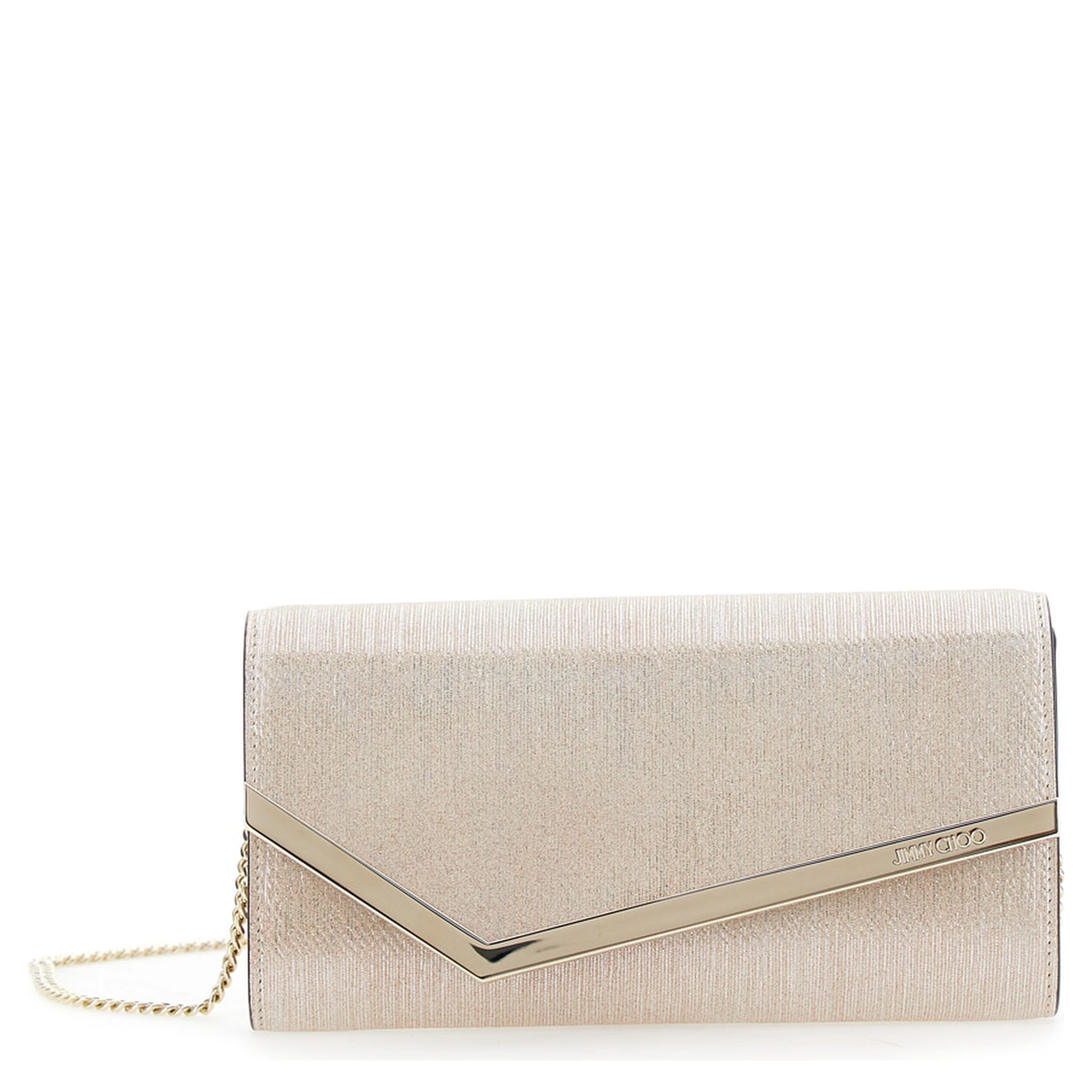 Emmie Metallic Clutch with Chain-Link Shoulder Strap and Embossed Logo Lettering on the Front in Leather Woman
