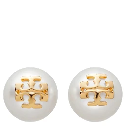 Kira Metallic Stud Earings with Peal and Double T Motif in Brass Woman