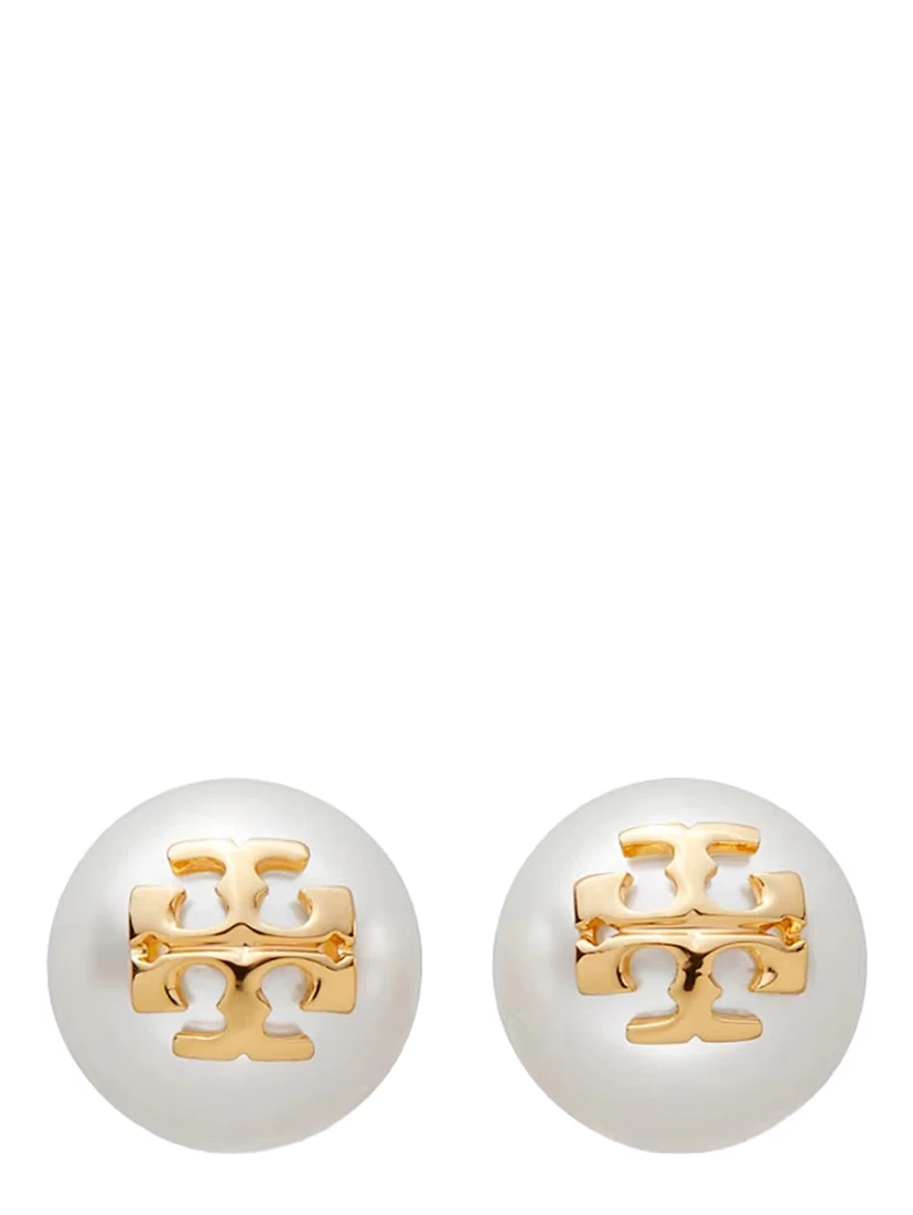 Kira Metallic Stud Earings with Peal and Double T Motif in Brass Woman