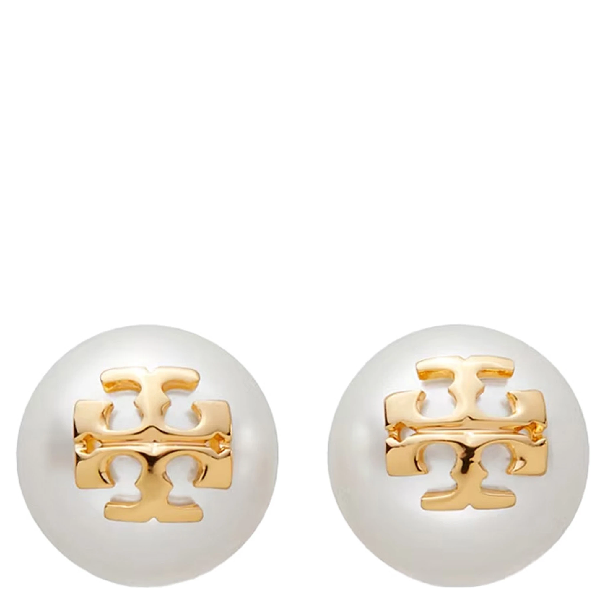 Kira Metallic Stud Earings with Peal and Double T Motif in Brass Woman