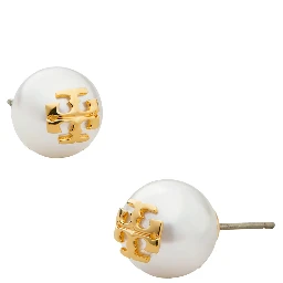 Kira Metallic Stud Earings with Peal and Double T Motif in Brass Woman