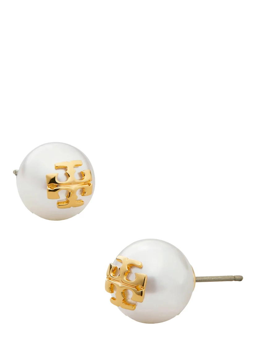 Kira Metallic Stud Earings with Peal and Double T Motif in Brass Woman