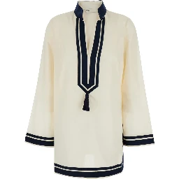 White Caftan with Contrasting Details and Tassel in Cotton Woman