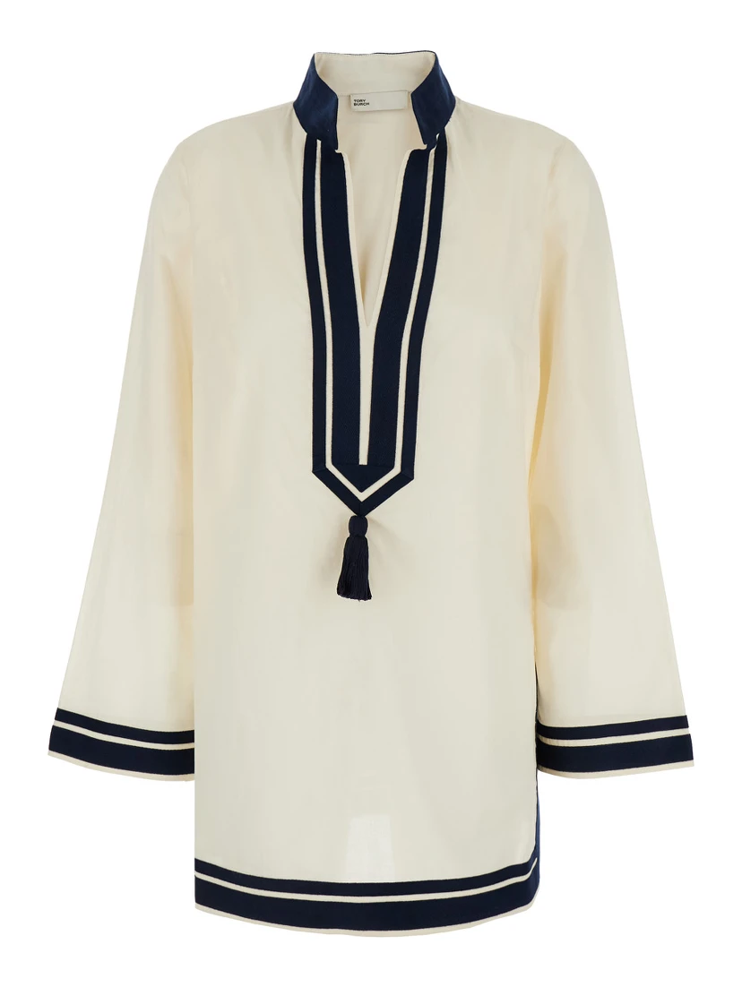 White Caftan with Contrasting Details and Tassel in Cotton Woman