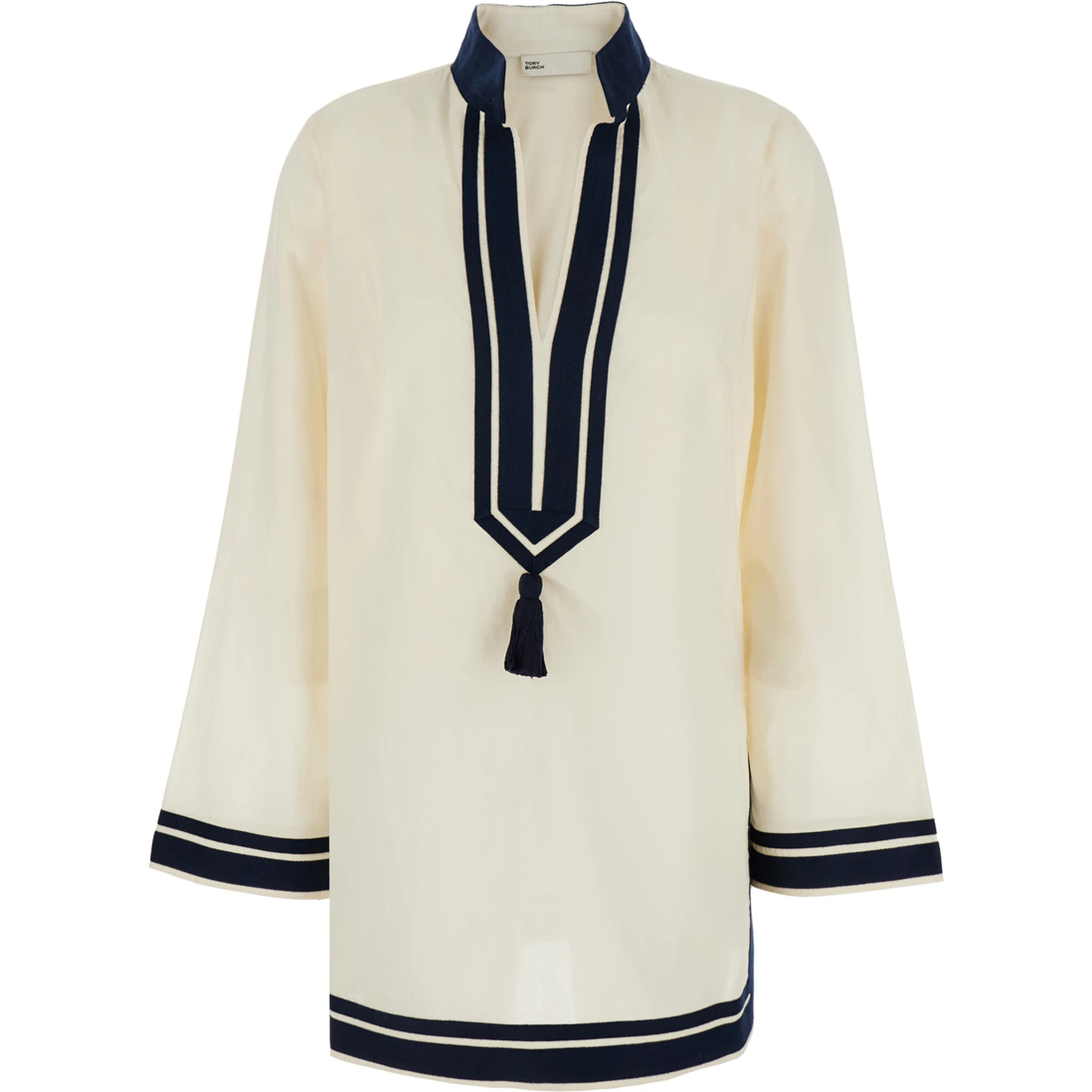 White Caftan with Contrasting Details and Tassel in Cotton Woman