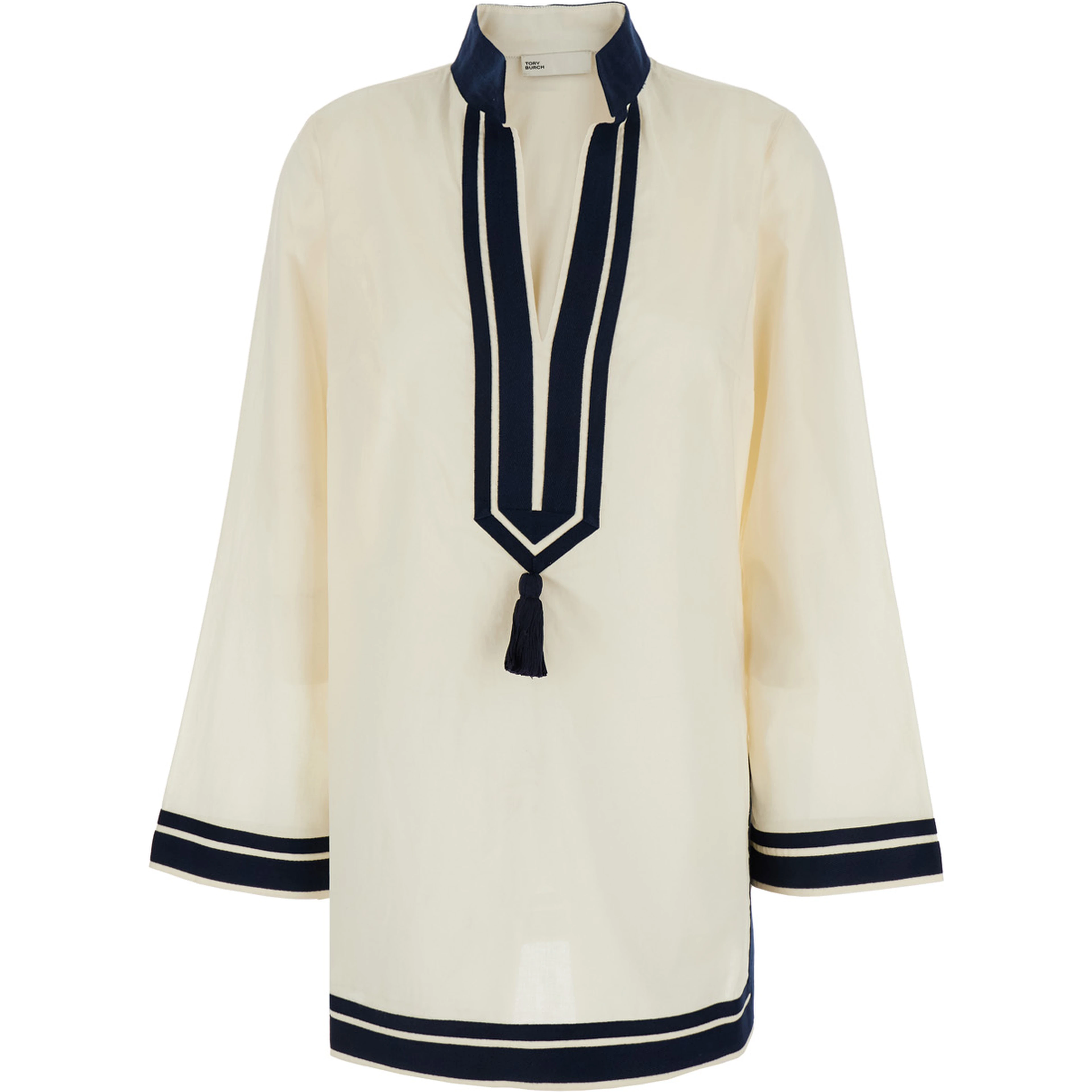 White Caftan with Contrasting Details and Tassel in Cotton Woman