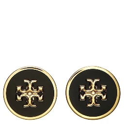 Black Earings with Circular Shape and Double T Motif in Brass Blend Woman