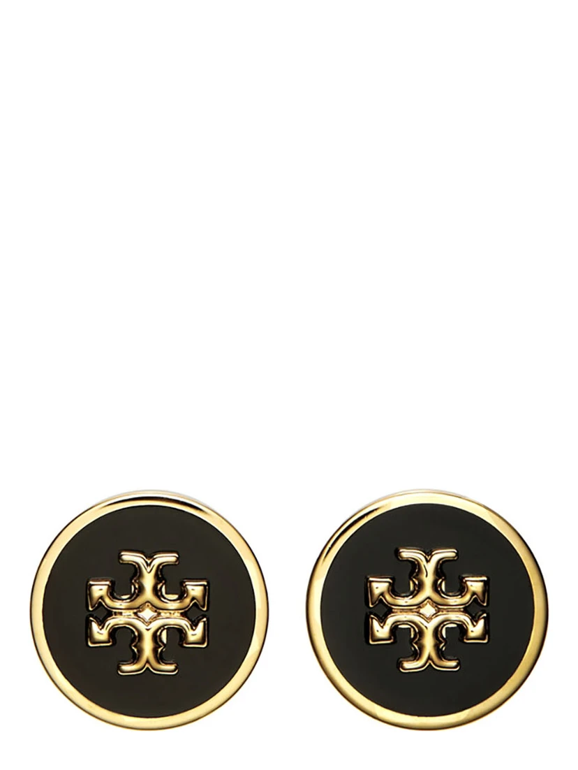 Black Earings with Circular Shape and Double T Motif in Brass Blend Woman