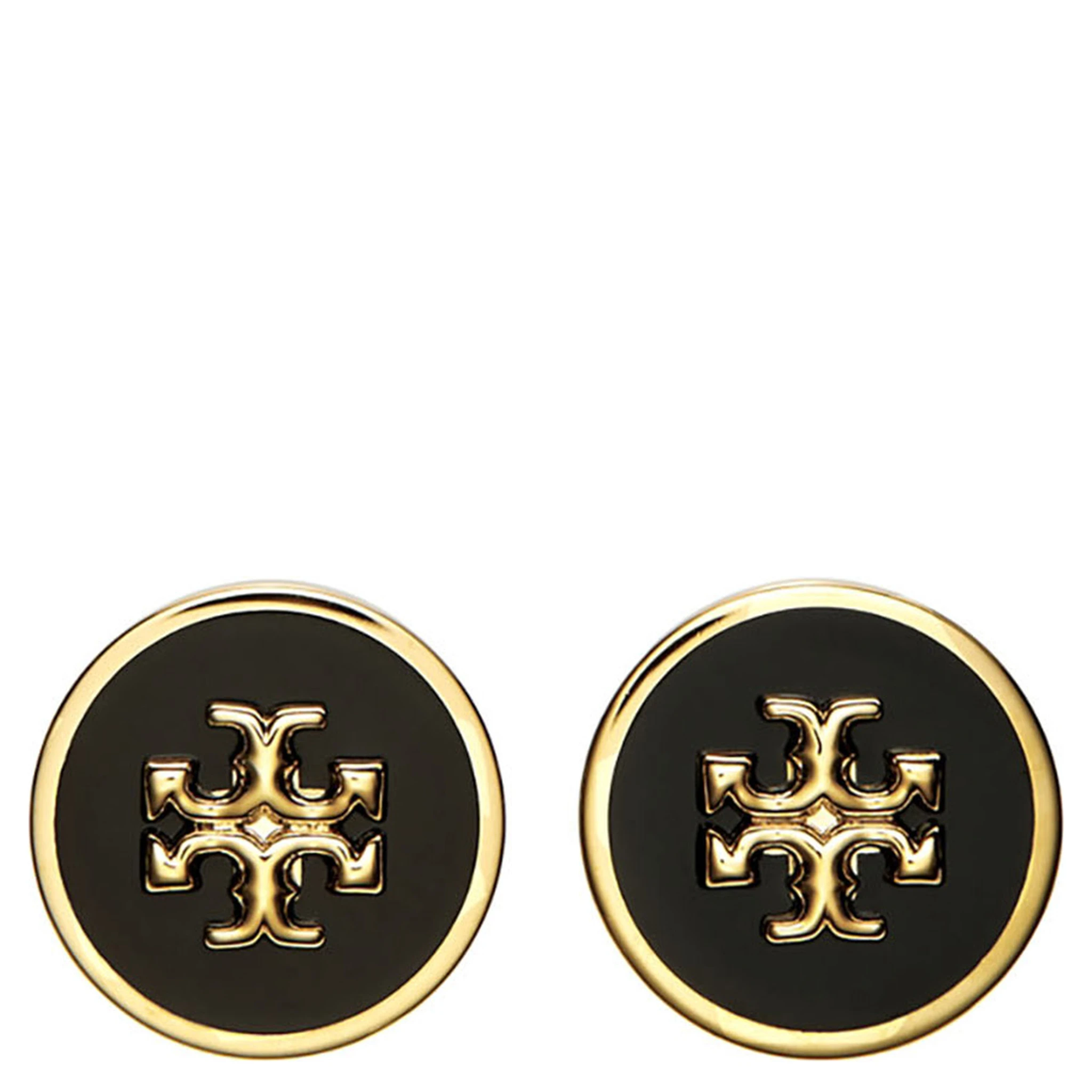 Black Earings with Circular Shape and Double T Motif in Brass Blend Woman