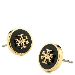 Black Earings with Circular Shape and Double T Motif in Brass Blend Woman