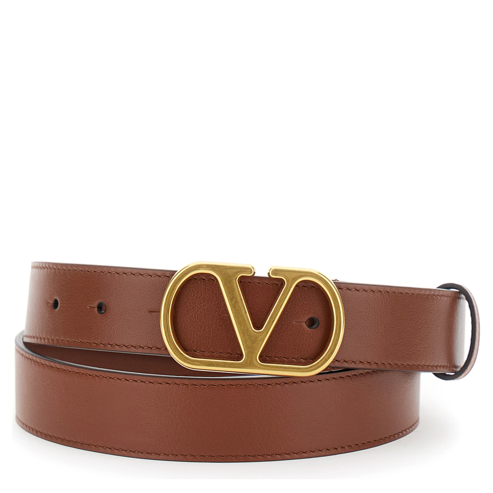Brown Belt with VLogo Buckle Closure in Grained Leather Woman