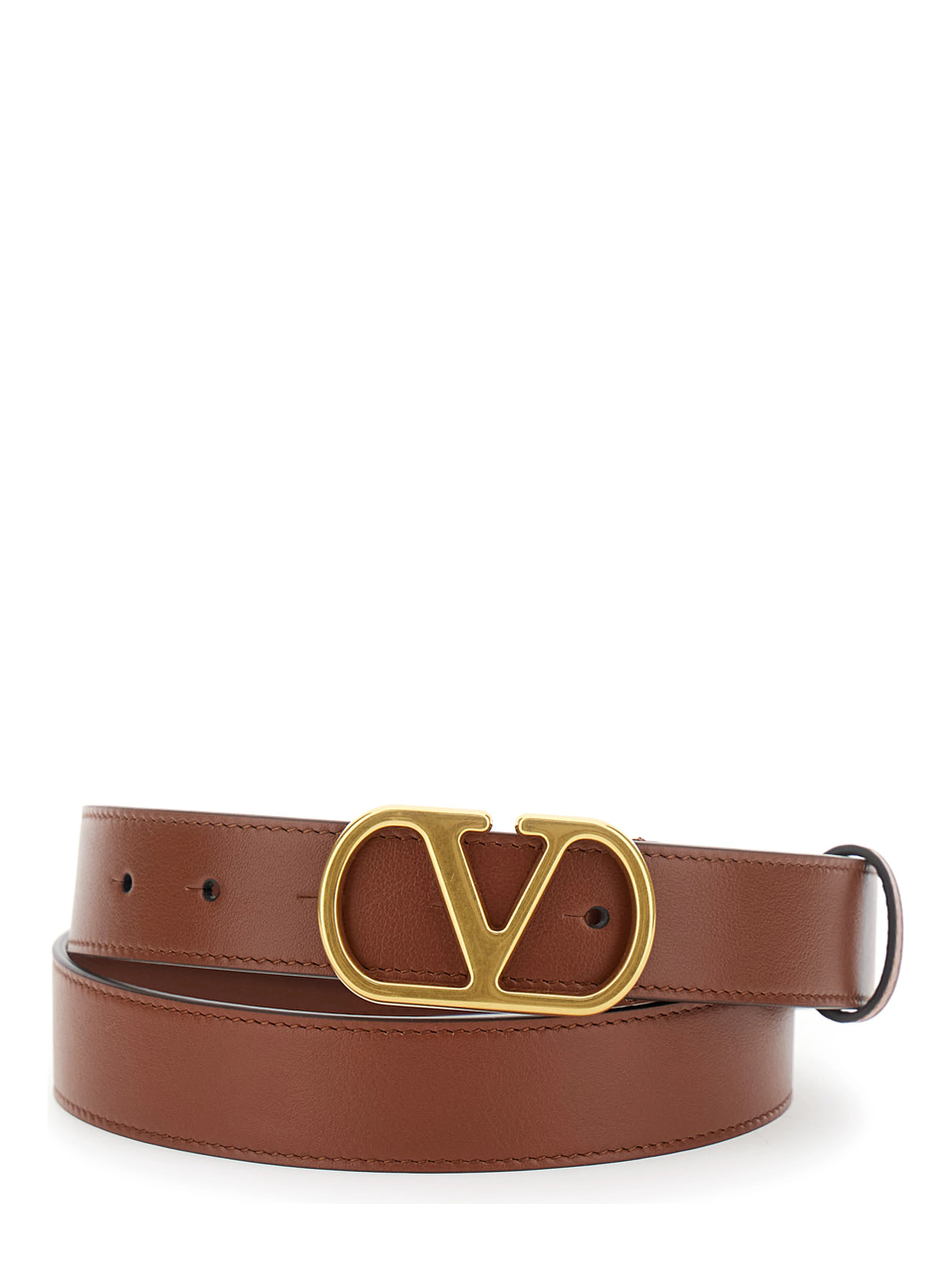 Brown Belt with VLogo Buckle Closure in Grained Leather Woman