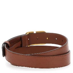 Brown Belt with VLogo Buckle Closure in Grained Leather Woman