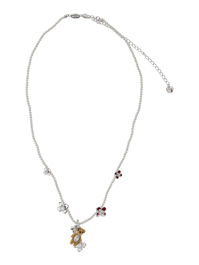 Brown Necklace with Bead Embellishments and Bear Detail in Silver Blend Woman