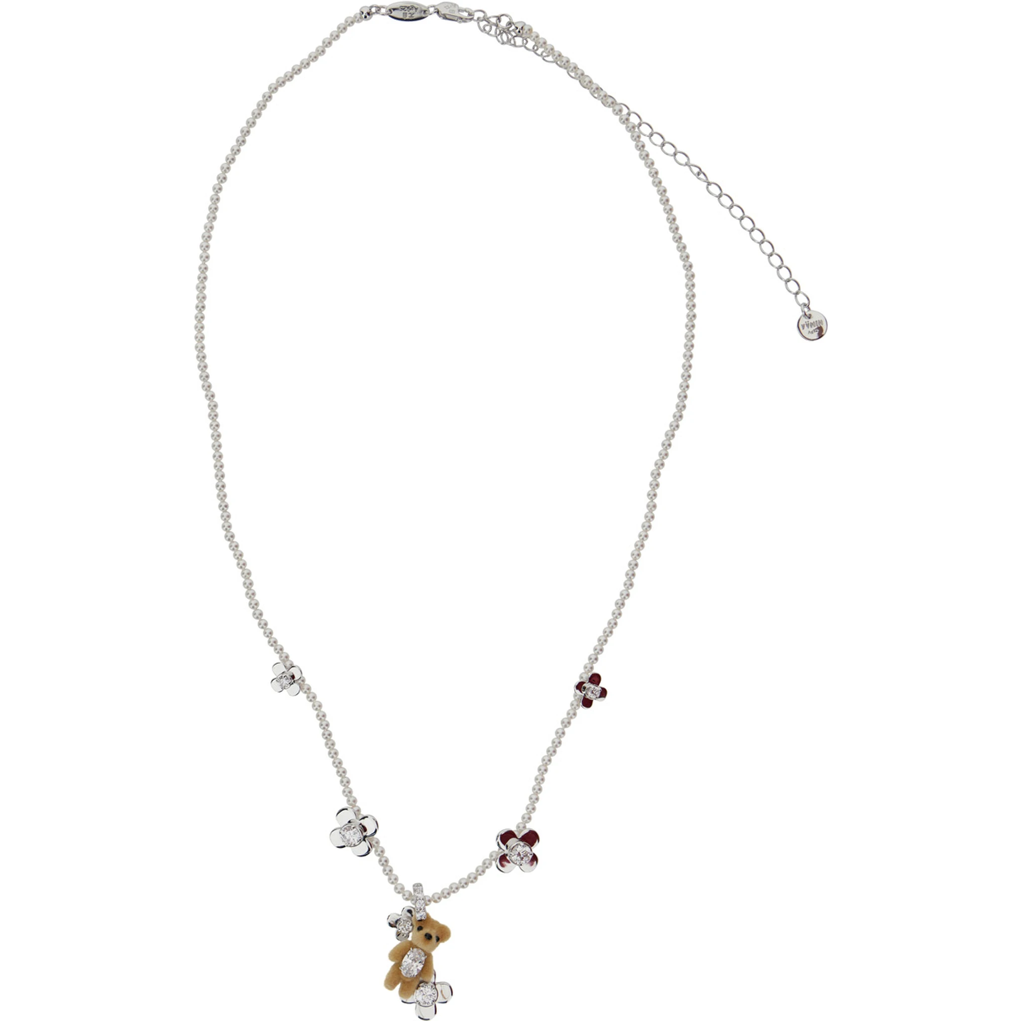 Brown Necklace with Bead Embellishments and Bear Detail in Silver Blend Woman