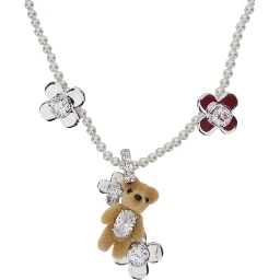 Brown Necklace with Bead Embellishments and Bear Detail in Silver Blend Woman