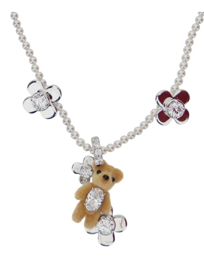 Brown Necklace with Bead Embellishments and Bear Detail in Silver Blend Woman