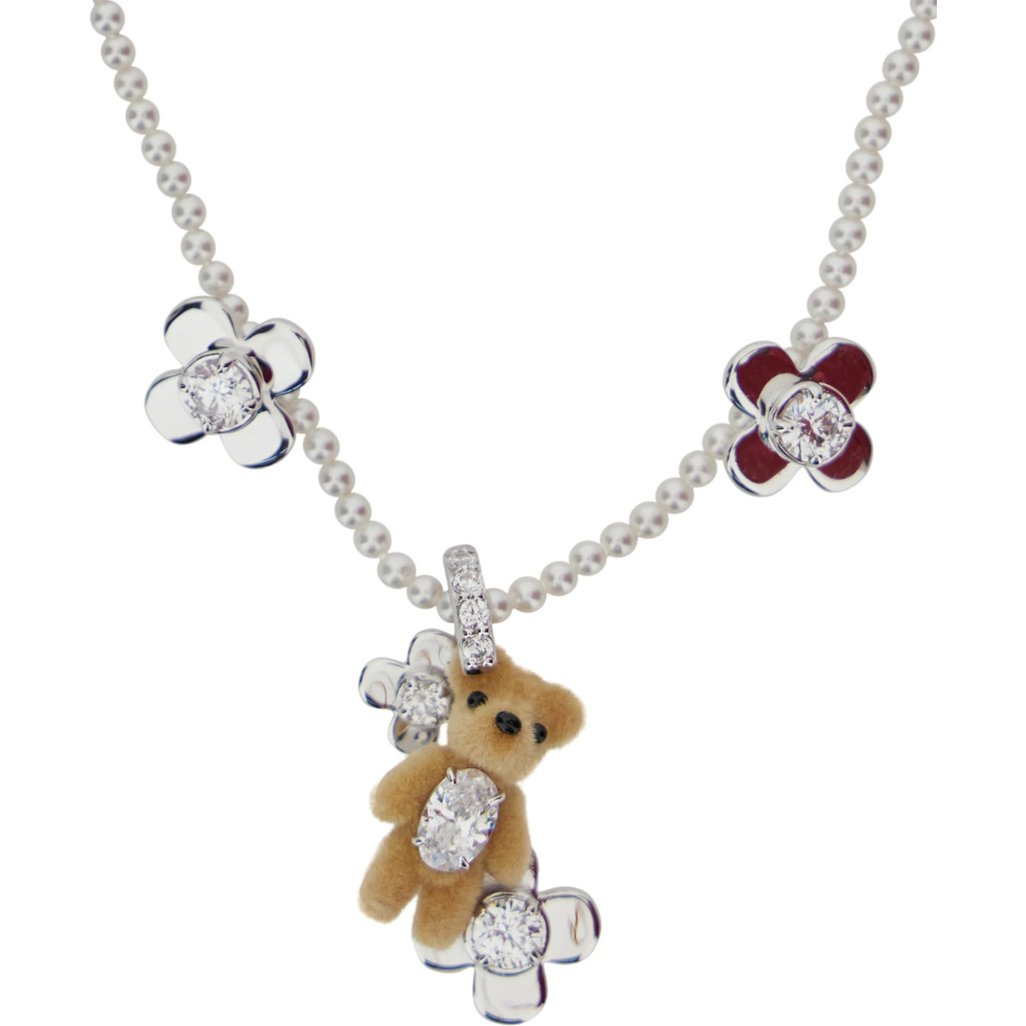 Brown Necklace with Bead Embellishments and Bear Detail in Silver Blend Woman