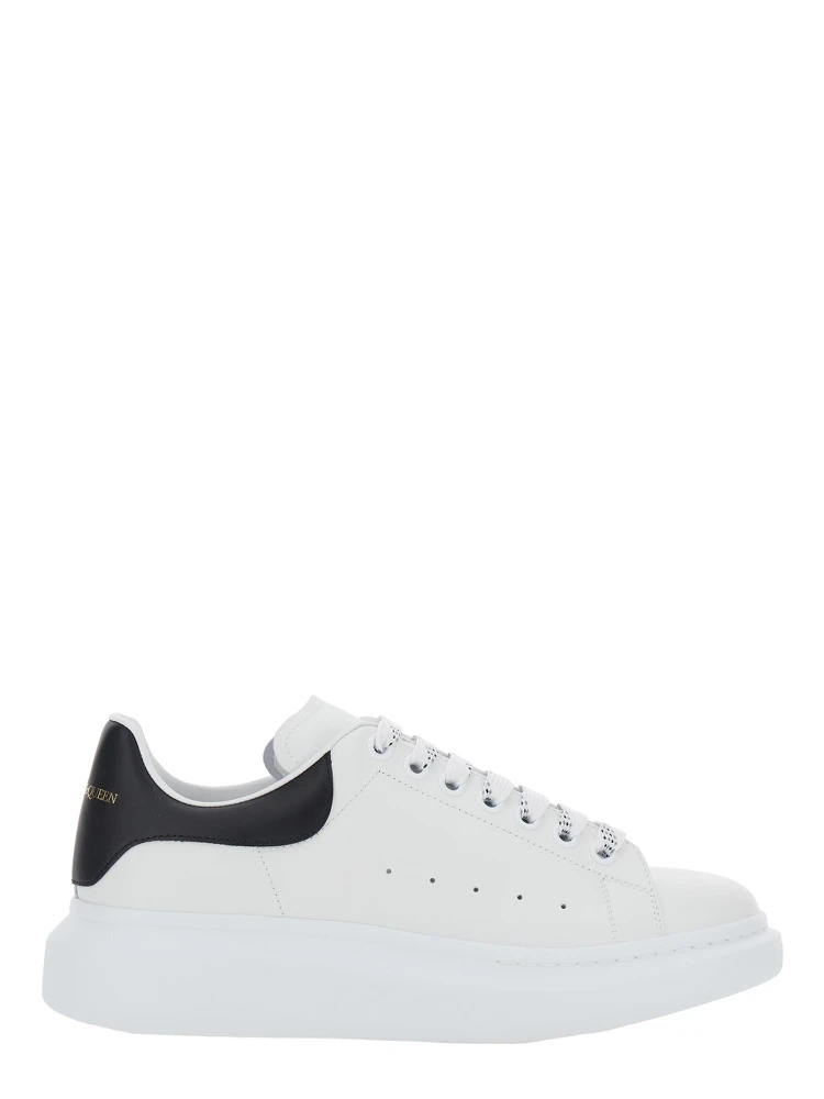 Black and White Low Top Sneakers with Logo Lettering on Tongue and Contrasting Heel in Leather Man