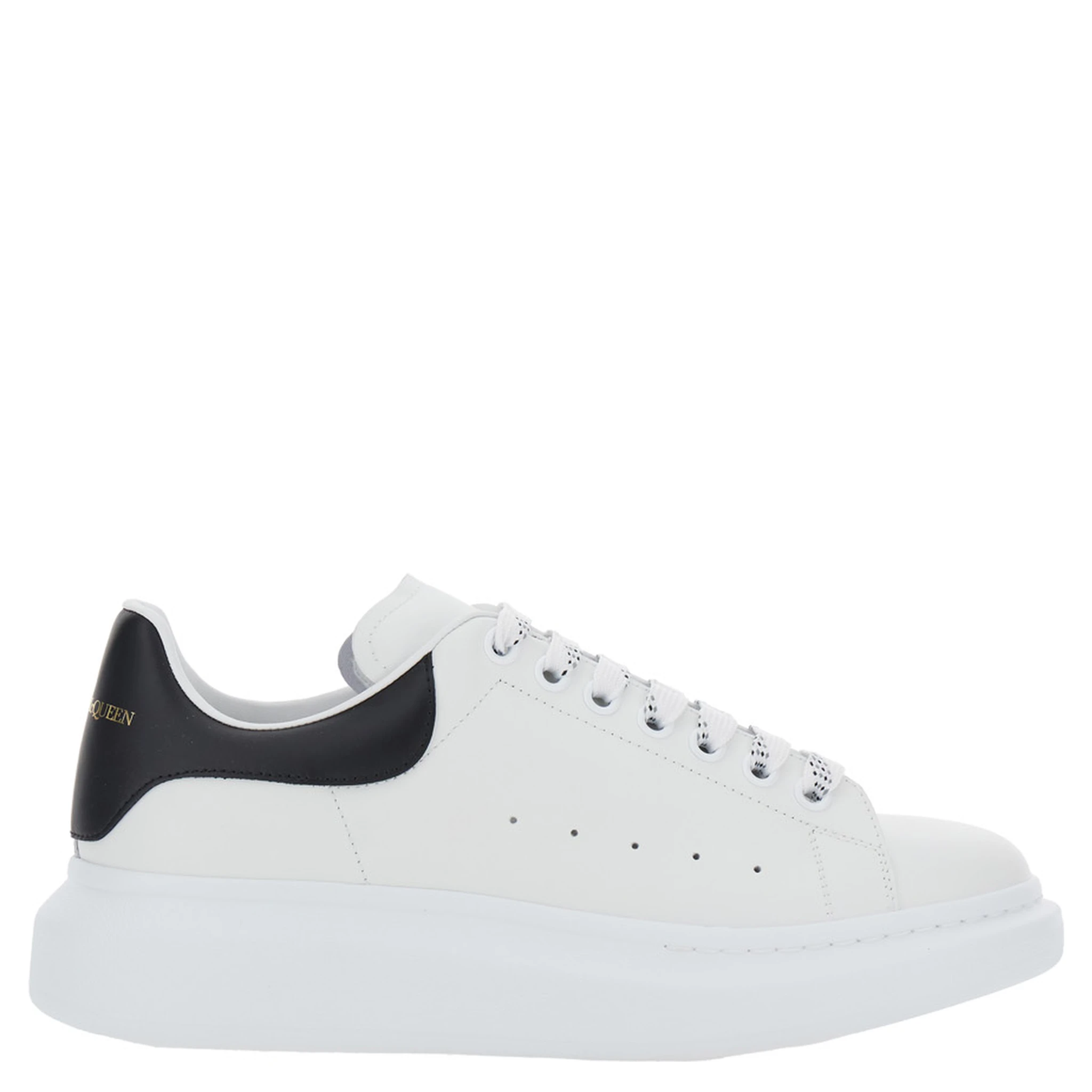 Black and White Low Top Sneakers with Logo Lettering on Tongue and Contrasting Heel in Leather Man