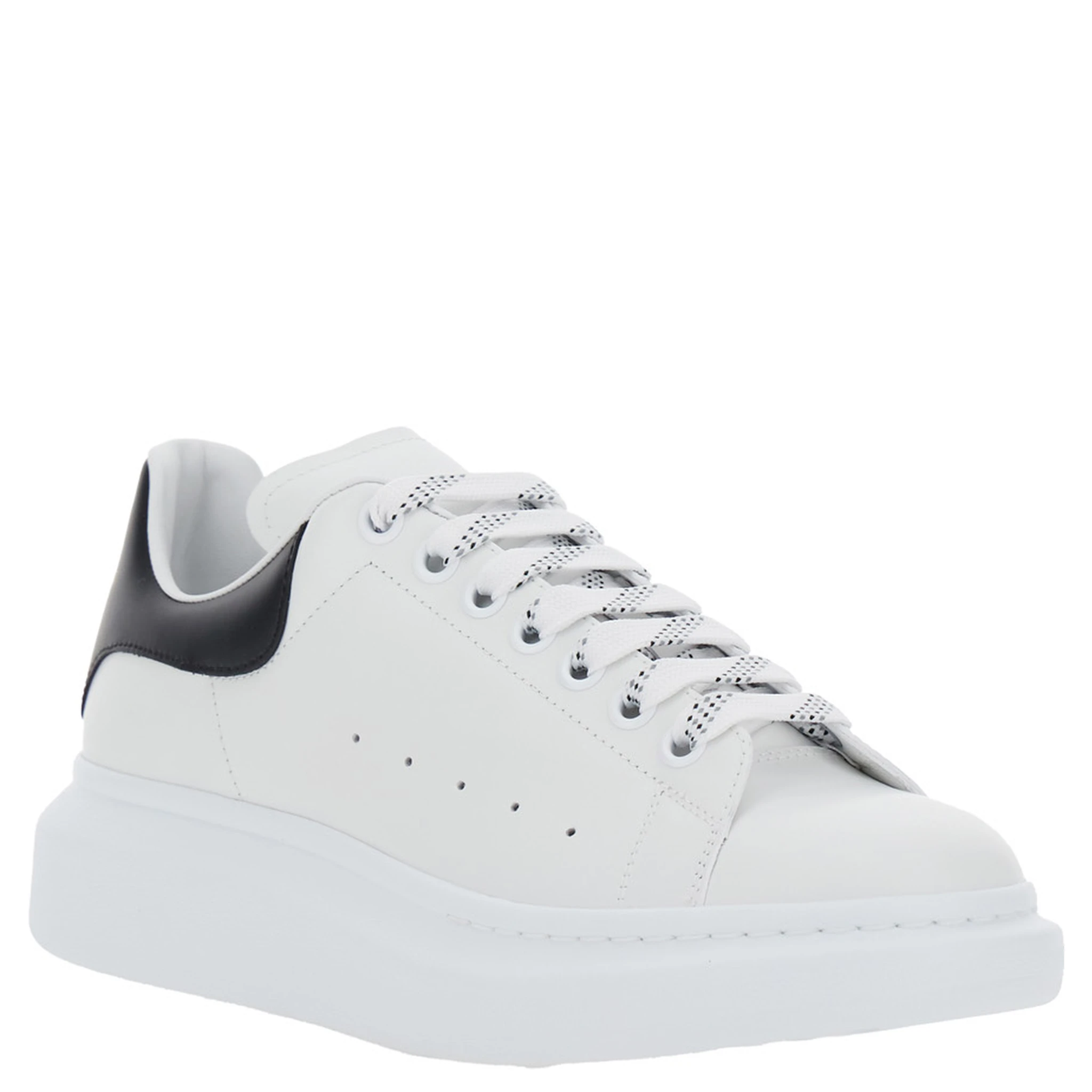 Black and White Low Top Sneakers with Logo Lettering on Tongue and Contrasting Heel in Leather Man