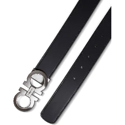 Salvatore Ferragamo Mans Bicolor Leather Belt with Logo Buckle