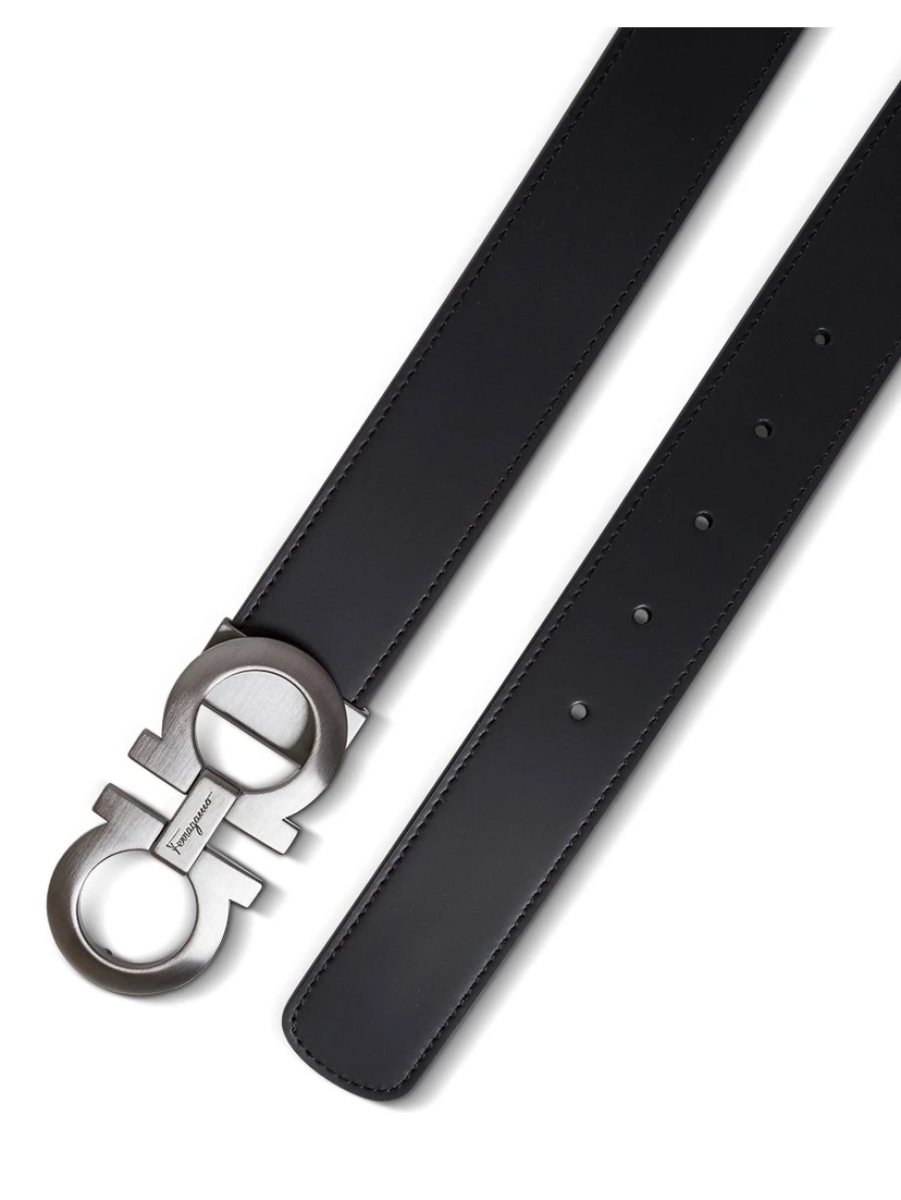 Salvatore Ferragamo Mans Bicolor Leather Belt with Logo Buckle