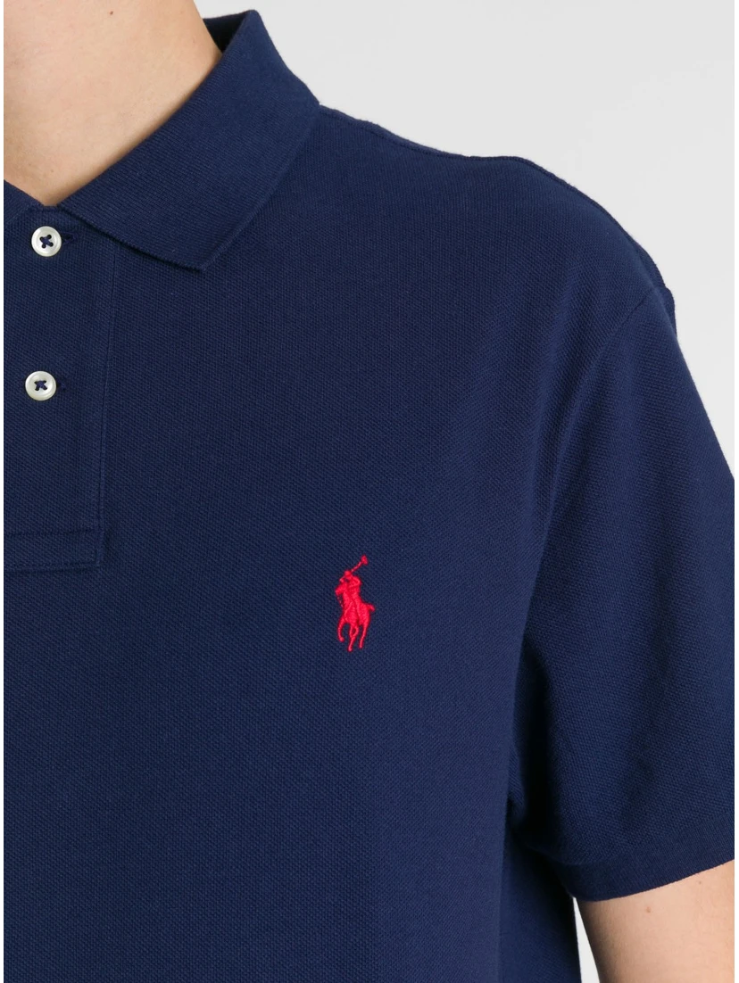 "Slim Fit" Blue Polo Shirt with Classic Collar and Pony Embroidery on the Front in Cotton Piquet Man