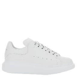 White Low Top Sneakers with Logo Lettering on Tongue and Heel in Leather Woman