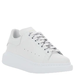 White Low Top Sneakers with Logo Lettering on Tongue and Heel in Leather Woman