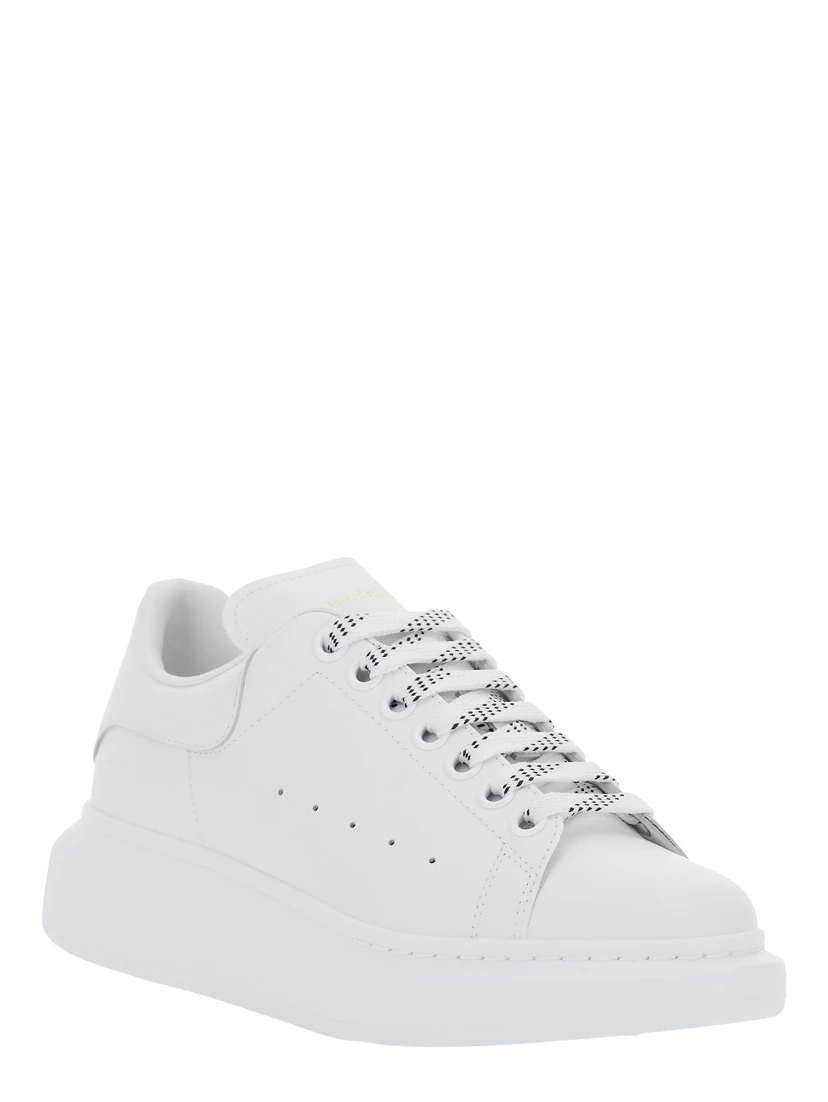 White Low Top Sneakers with Logo Lettering on Tongue and Heel in Leather Woman