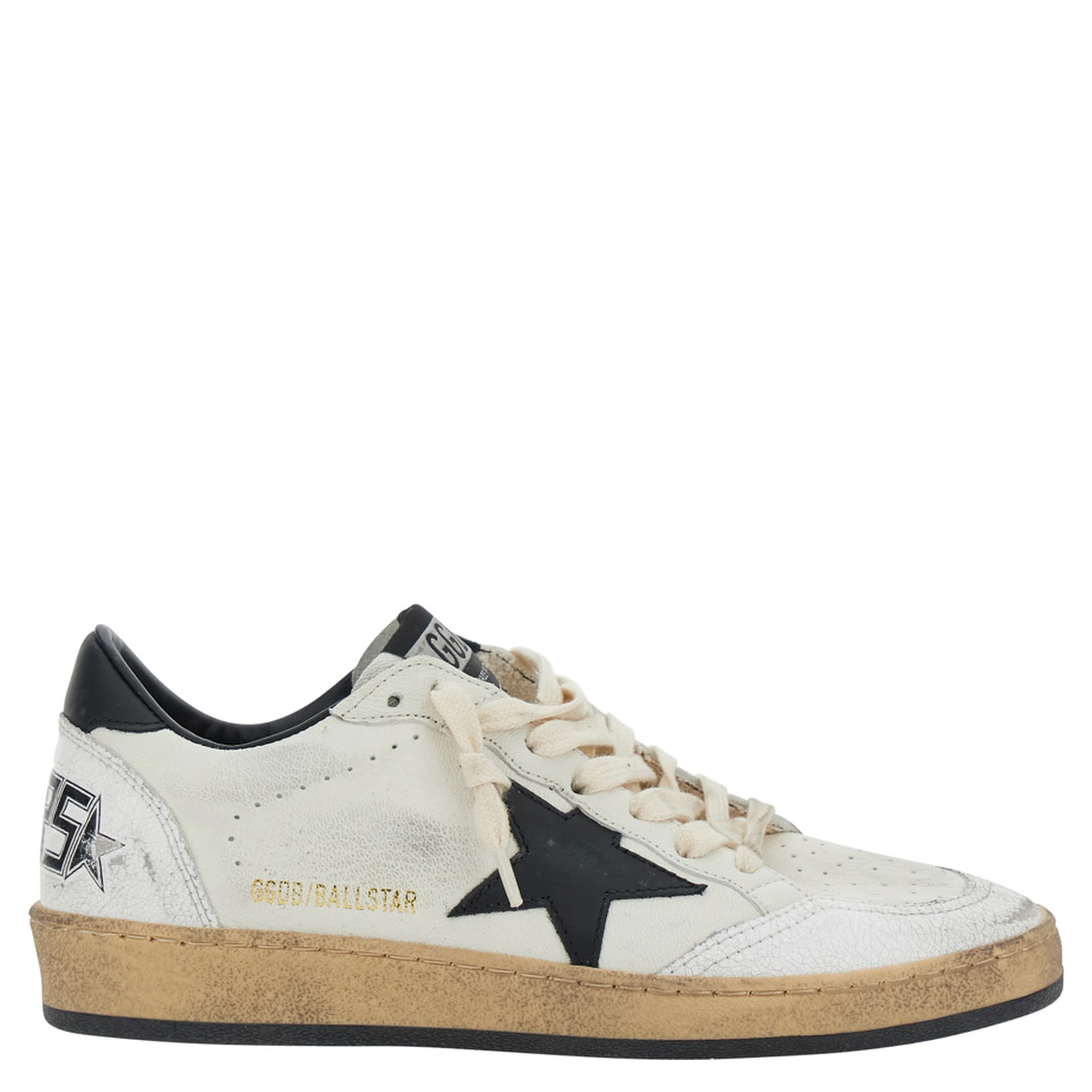 Ballstar Black and White Low Top Sneakers with Star Patch on the Side and Contrasting Heel with Writing in Leather Woman