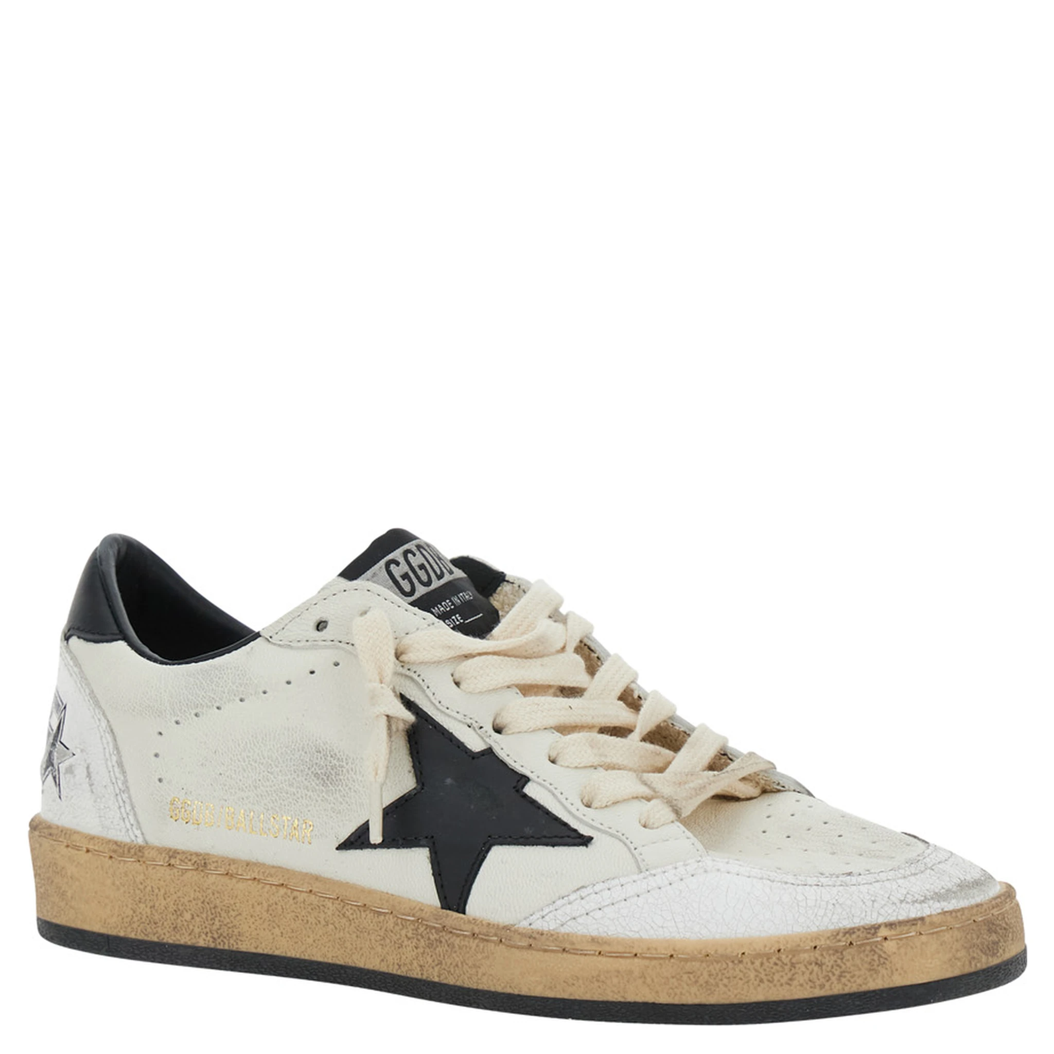 Ballstar Black and White Low Top Sneakers with Star Patch on the Side and Contrasting Heel with Writing in Leather Woman