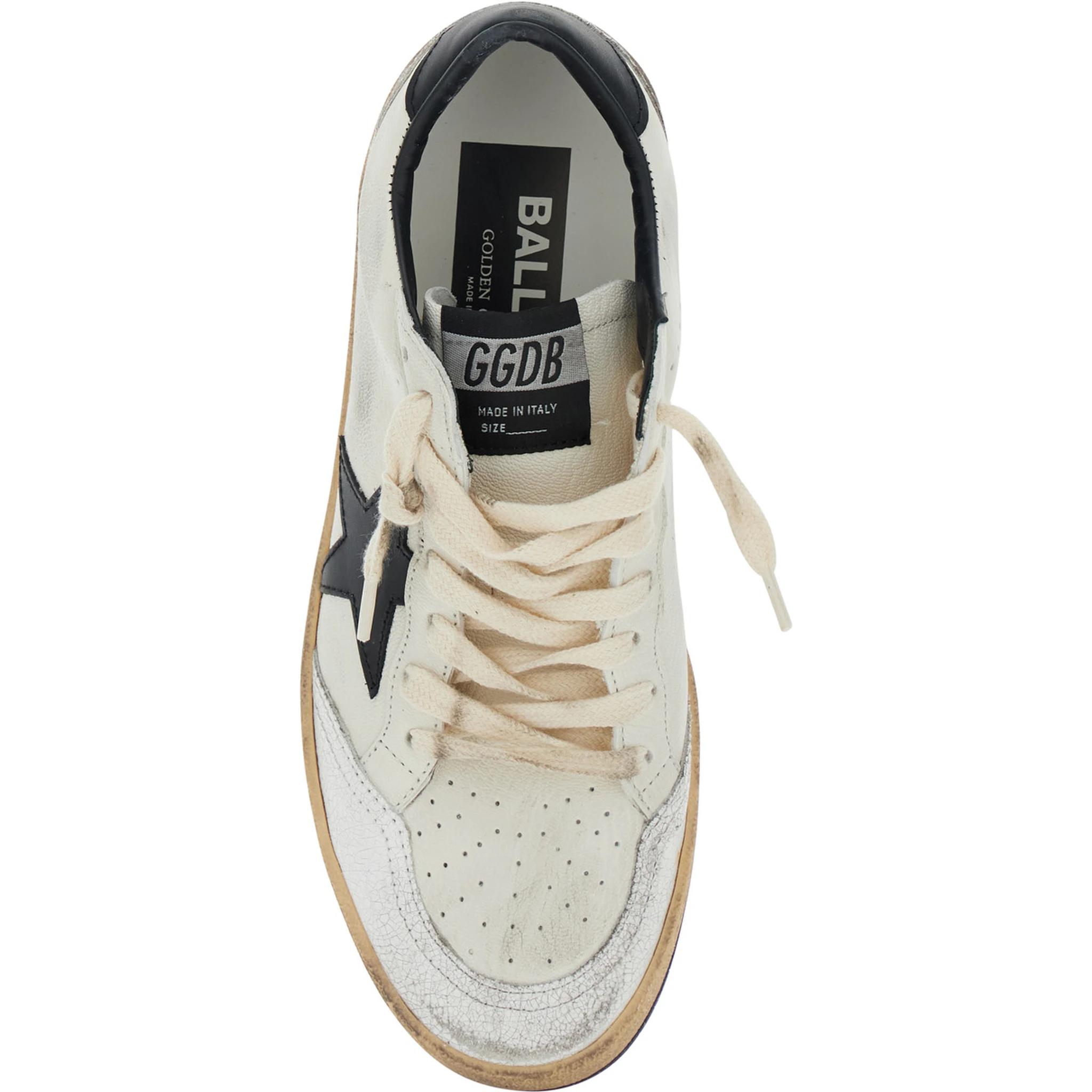 Ballstar Black and White Low Top Sneakers with Star Patch on the Side and Contrasting Heel with Writing in Leather Woman