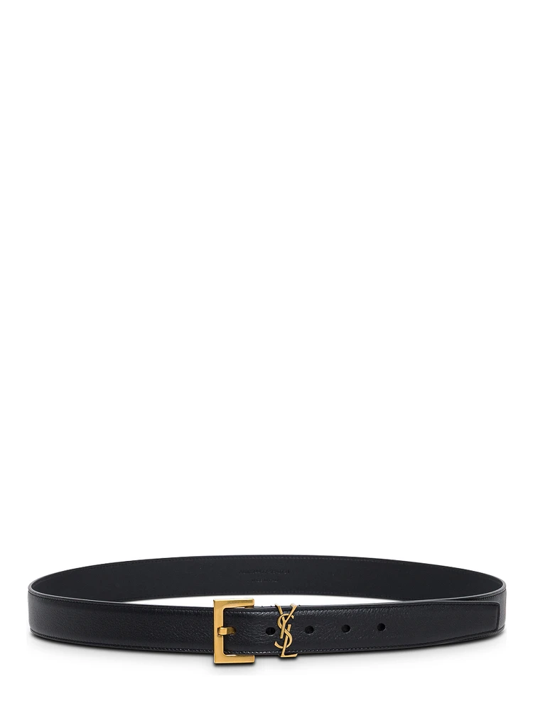 Black Leather Belt with Logo Buckle Saint Laurent Woman