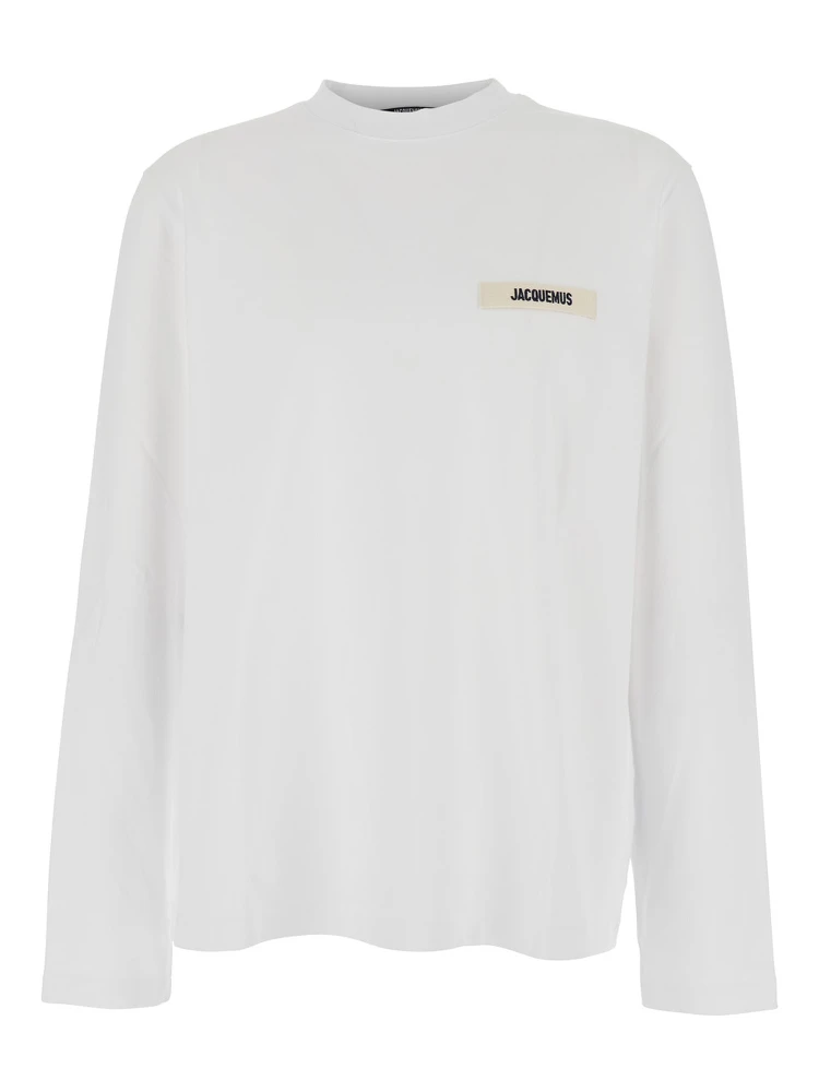 Le T-Shirt Gros Grain White Crewneck T-Shirt with Logo Patch on the Front in Cotton Man