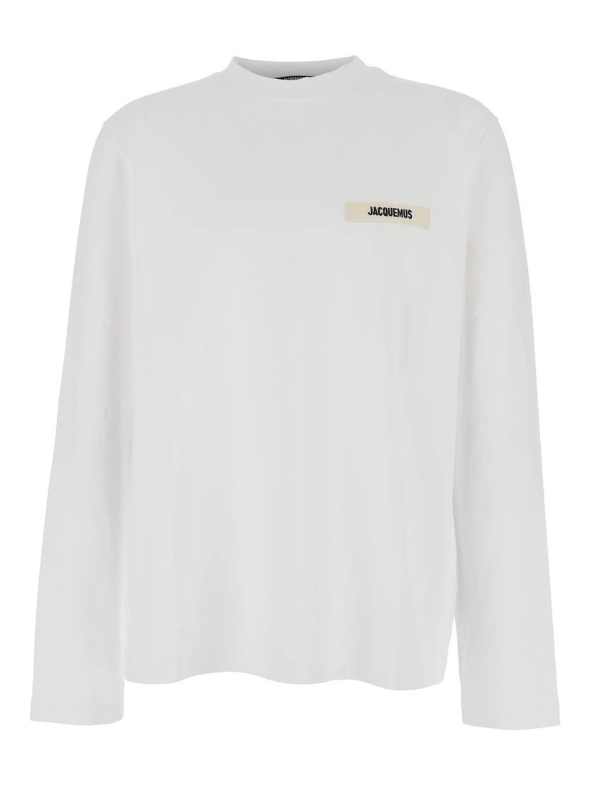 Le T-Shirt Gros Grain White Crewneck T-Shirt with Logo Patch on the Front in Cotton Man
