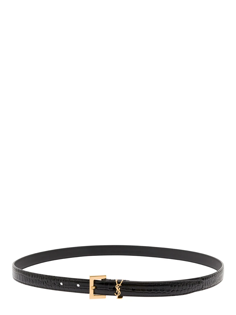 Black Thin Belt with Square Buckle and Cassandre in Crocodile-Embossed Leather Woman