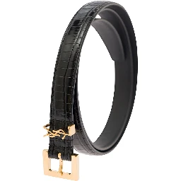 Black Thin Belt with Square Buckle and Cassandre in Crocodile-Embossed Leather Woman