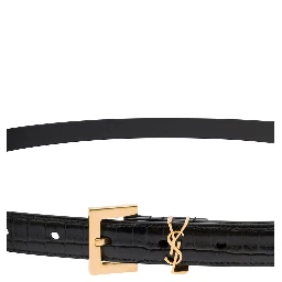 Black Thin Belt with Square Buckle and Cassandre in Crocodile-Embossed Leather Woman