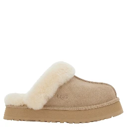 Disquette Beige Mule with Fur and Logo on Back in Suede Woman